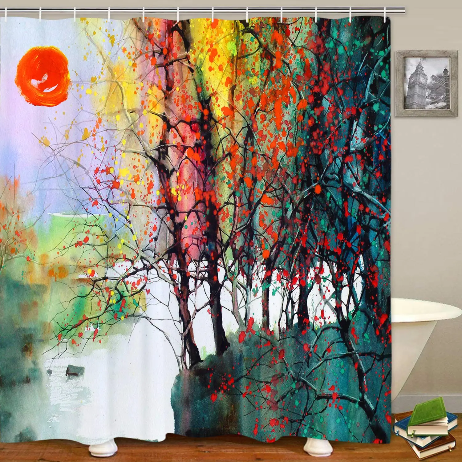 

Art Painting Shower Curtain Tree Red Sun Bathroom Waterproof Set