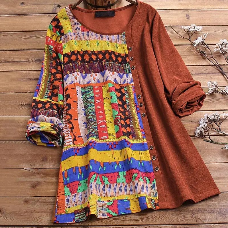 Женская хлопковая Вельветовая рубашка 4XL 5XL размера плюс, винтажные топы с этническим принтом, Лоскутная Туника, Женская Повседневная Блузка с круглым вырезом и длинным рукавом - Цвет: Оранжевый