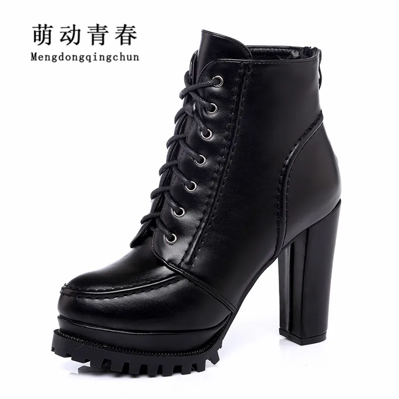 

Women Ankle Boots Lace Up Cross Tied High Heels Platform Botas Mujer Round Toe Winter Chunky Heels Warm Booties Stiletto Heels