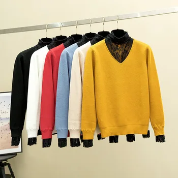 

Nonis New 2019 Autumn Winter Lace And Knitted Patch Work Women Loose Pullover Ladies Sweater Long Sleeve Turtleneck Underwear