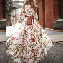Wuhaobo Макси бохо платье с цветочным рисунком женщина плюс размеры Высокая талия О образным вырезом печатных элегантные летние пляжные длинные платья женские Vestidos