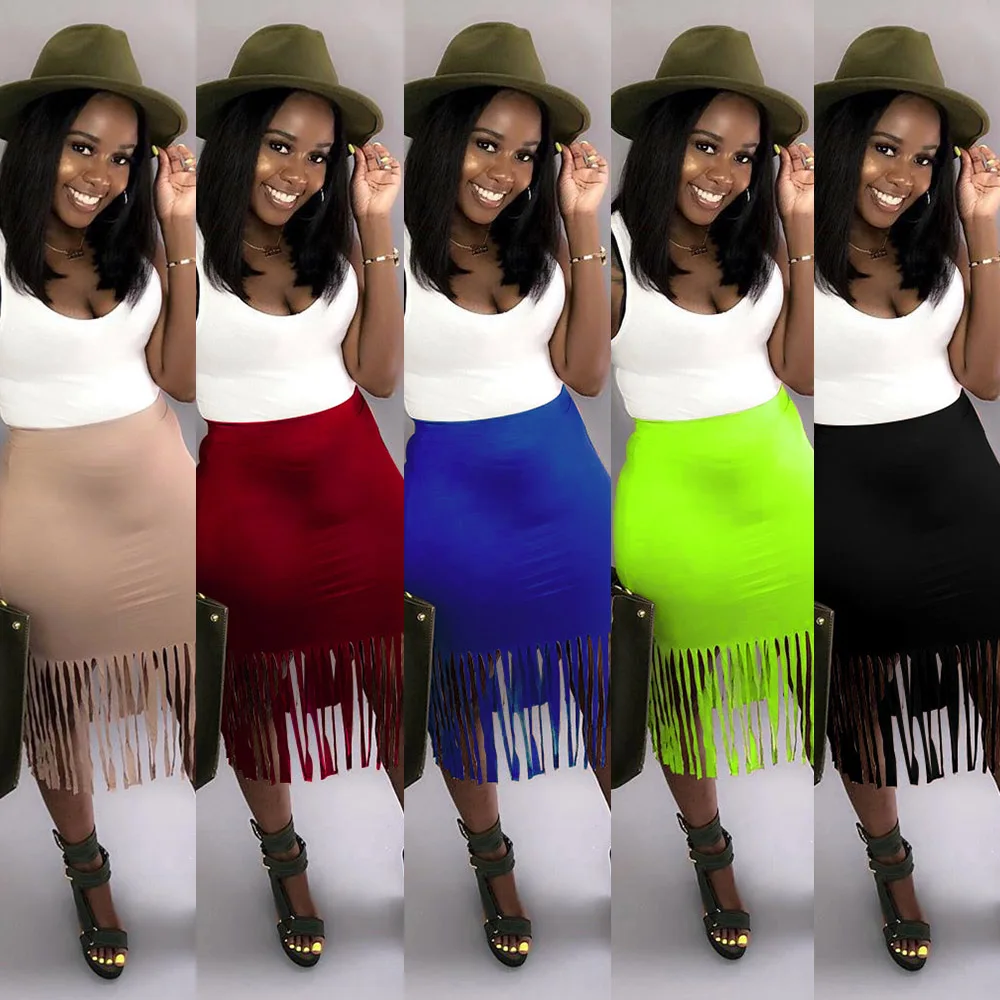 

2019 Fashion Elegant Solid Color Tassel Patchwork Asymmetrical Skirt Summer Office Lady Elastic Waist Mid-Calf Skirt WNY8838