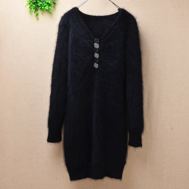 body83cm chest86cm Женский толстый теплый тонкий фигурный свитер Ангорский кролик вязание О-образным вырезом с длинными рукавами основной пуловер трикотажные Блузы свитер пуговицы - Цвет: body83cm chest86cm