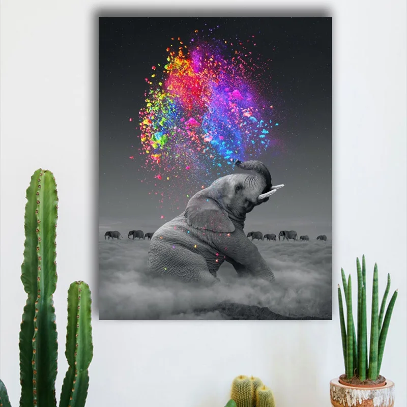 

Canvas Painting Animal Creative Graffiti Spray Paint Elephant Wall Art Black and White Poster Living Room Decor No Frame