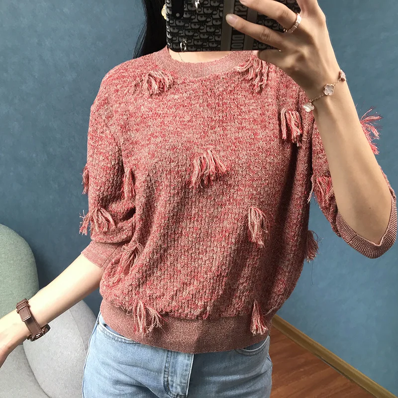 

Women Sweater Elegant Lurex Tassel Jumper Color Block Striped Runway Half Sleeve Pullovers Knitted Top Office Lady Spring Autumn