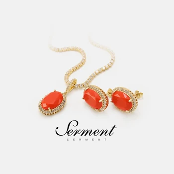 

SERMENT Fashion Simple Oval Red Earring Necklace Sets for Women Gilded Silvered Color Jewelry Sets Accessories