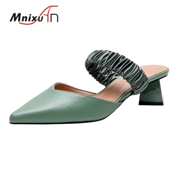 

Handmade high quality genuine leather women slippers mules shoes 2020 summer new pointed toe middle heels green sandals size 43
