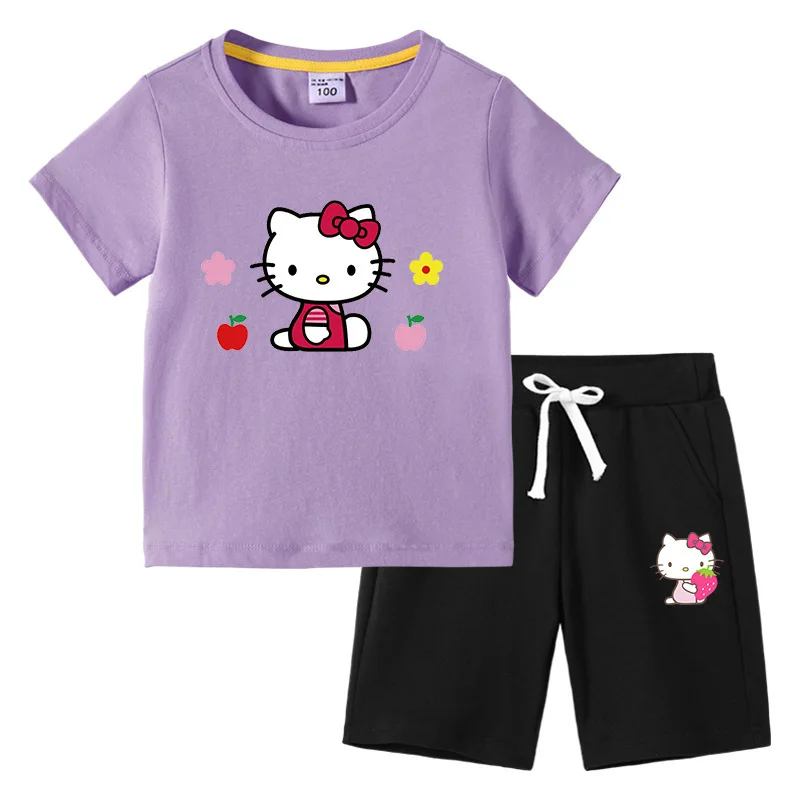 thumbnail image 1 of Hello Kitty-Camiseta de algodón con estampado de dibujos animados para niños y niñas, traje de dos piezas con pantalones de manga corta, verano, 1 of 5