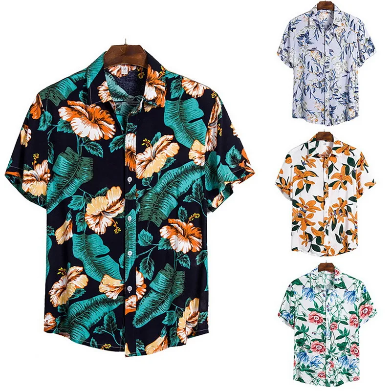 WENYUJH Men Short Sleeve Lapel Printed Shirt Tropical Leaf Pattern Floral Casual Summer Hawaiian Holiday Camisa Tops | Мужская одежда
