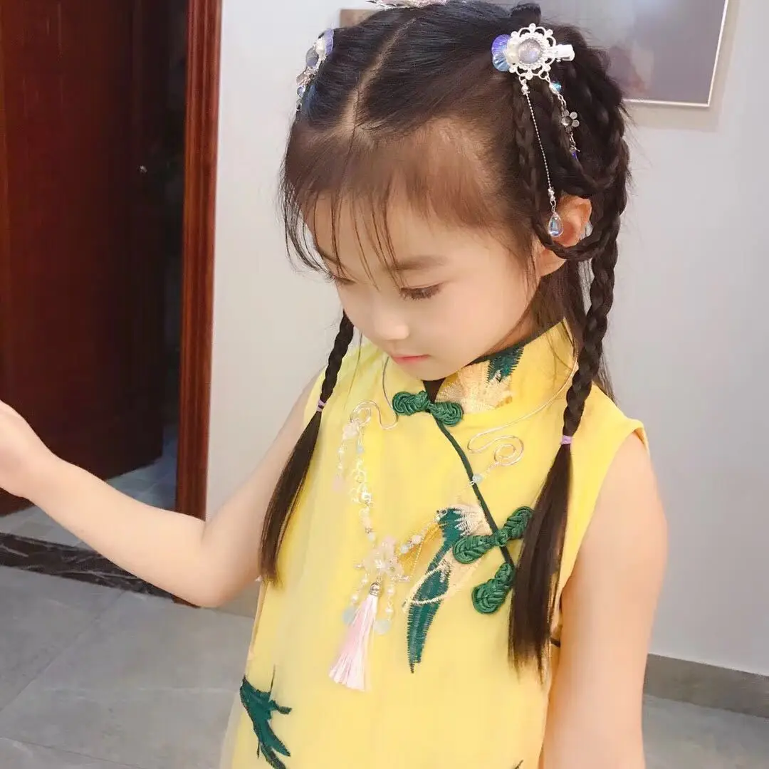 Для девочек футболка с коротким рукавом Cheongsam платье с Фениксом летняя одежда новые летние Стиль Big Boy китайско-Стиль юбка Национальный стиль