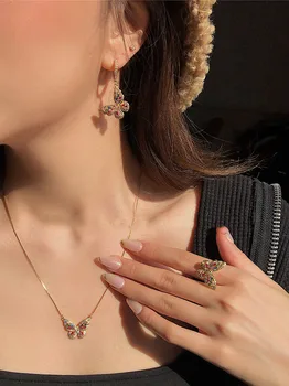 

Alloy Colorful Zircon Butterfly Stud Earring Necklace Circle Ring Choker Pendant Women Dangler Jewelry Wedding Party Birthday