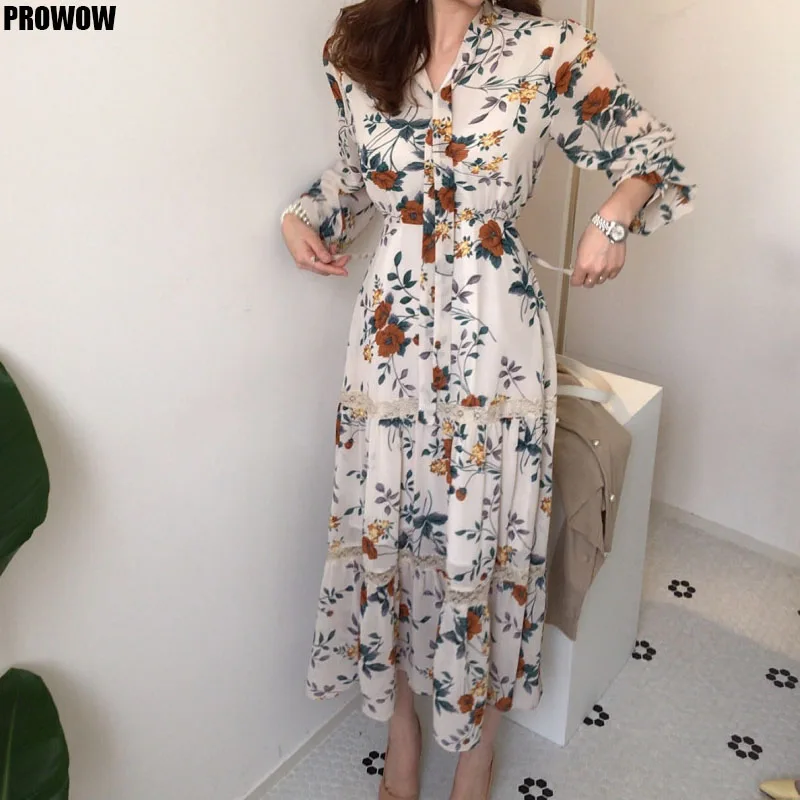 2020 Summer Chic Women Dress Retro Casual Long Sleeve Boho Floral Print Dress Korean Elegance Lady Bandage Dresses