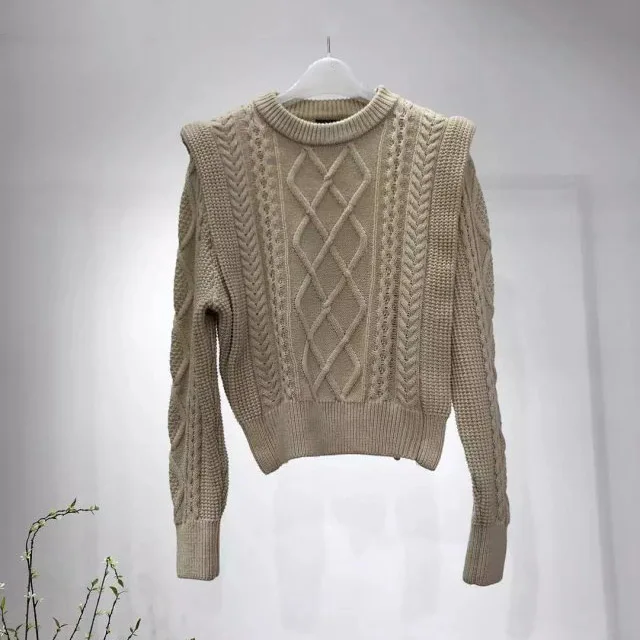 Женский шерстяной смешанный трикотажный свитер два в одном, пуловер, топ с витой трикотажной деталью Trill-стильный джемпер для девушек - Цвет: Бежевый
