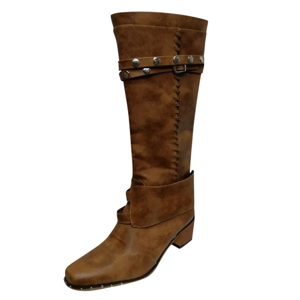 Г. Весна-зима, новые женские стильные сапоги до колена ботинки в ковбойском стиле на низком каблуке, ковбойские ботинки без шнуровки, байкерские сапоги женская обувь,# O17 - Цвет: Коричневый