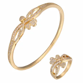

HIBRIDE Unique African Bangle Ring Set Jewelry Sets For Women Wedding Cubic Zircon Crystal CZ Dubai Bridal Bracelet Set N-1715