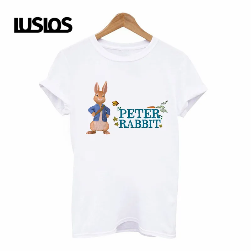 

LUSLOS women white t shirts 2019 summer short sleeve clothes cute peter rabbit print femme streetwear t-shirts oversize tops