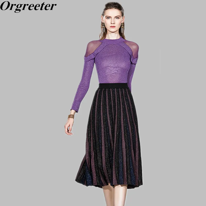 High Quality Skirt Suit 2020 Spring Autumn Fashiion See though shoulder Solid jumper tops Two piece striped skirt Sets |