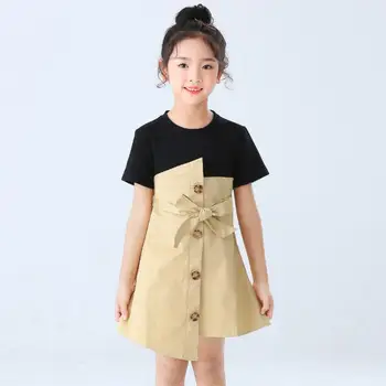 

2020 Summer New Baby Girls Clothes Toddler Outfits Short Sleeve Stitching fashion Dress for girls England Style L256 with belt