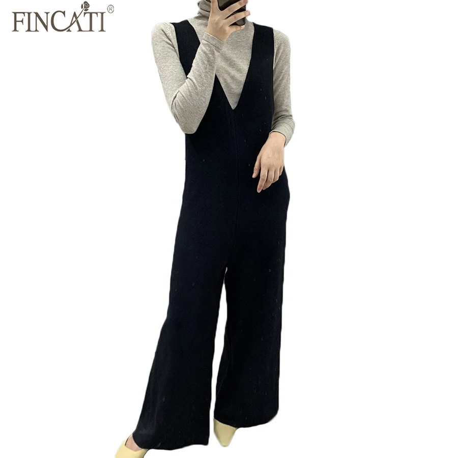 

Fincati 2019 Autumn Women Jumpsuit Solid colors Chic Style V-Neck Wide Leg Pants Knitted Jumpsuit All-Match Winter Style