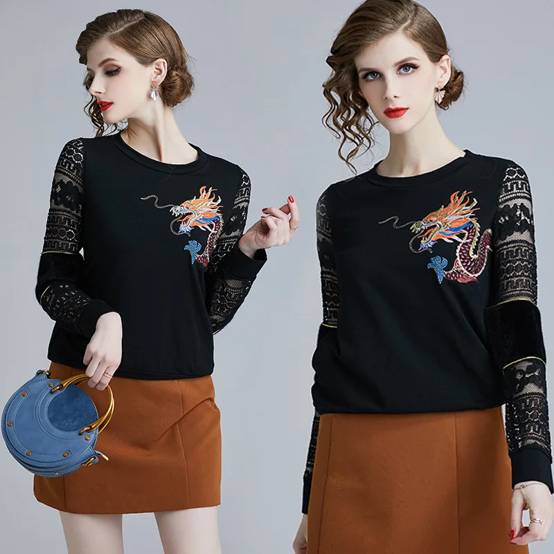 

6456 Photo Shoot 2019 Spring Clothing New Style WOMEN'S Dress CHIC Dragon Design Embroidery Lace Joint Long-sleeved Sweater Wome
