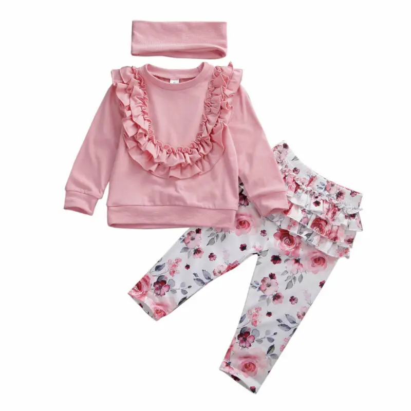 

Baby Girl Clothes Autumn Newborn Baby Girls Ruffle T-shirt Pants+ Flower Trousers+ Headband 3pcs Clothes 0-24M