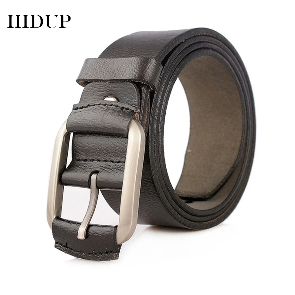 HIDUP New Design 100% Cowhide Black Cow Skin Leather Belts Cover Pin Buckle Metal Belt for Men Clothing Accessories 38mm NWJ840