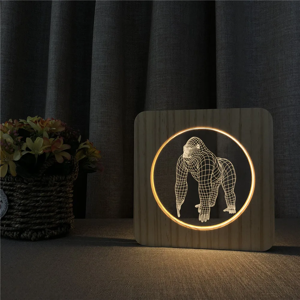 3d деревянная Светодиодная лампа в виде животного Gorilla настольная с