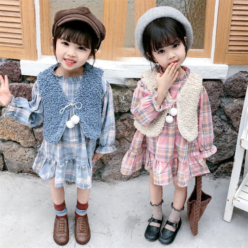 Платье и жилет для девочек, весна, Детские платья для девочек, платье в клетку с длинными рукавами для малышей, платье для девочек, жилет+ платье, 2 предмета