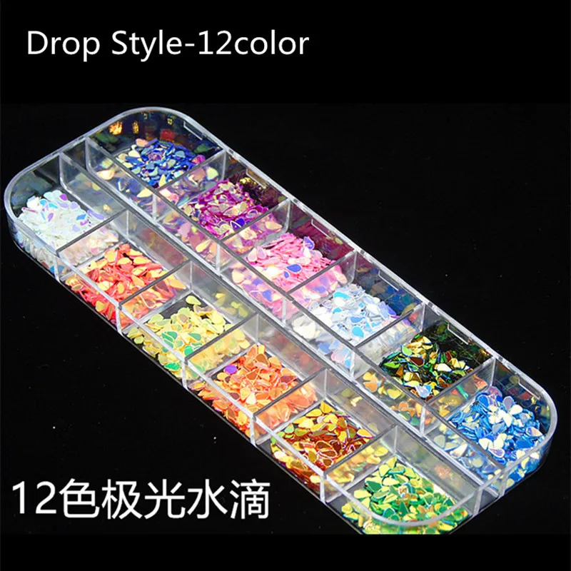 Drop Style-12color 12 шт./кор. бабочка с блестками, блестящие 3d нейл-арта украшения для гелевых ногтей аксессуары Карамельный цвет хлопья тени для век, инструменты для ногтей - Цвет: Drop Style-12color