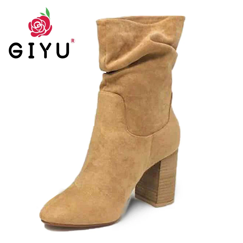 Women's Boots Autumn 2020 Fashion Flock Slip-On Pointed Toe High Heel Mid-calf Woman Large Size 35-43 Botas De Mujer | Обувь