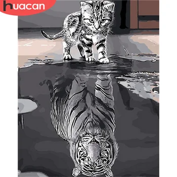 

HUACAN Cat Animals DIY Frameless Reflection Painting By Numbers Modern Wall Art Canvas Painting For Home Decor Unique Gift