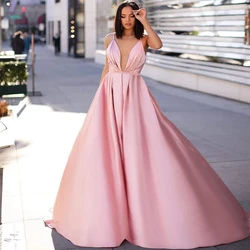 Sexy A-line Prom Dress Deep V-neck Floor Length Pink Formal Evening Dress Long Vintage Spaghetti Backless Party Gown  Plus Size