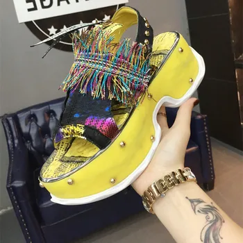 

Sandals Women Thick Bottom Woman Flats Round Toe Sandals Handmade Fringe Female Shoes Back Strap Chinese Style Daddy Shoes