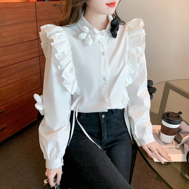 Camisas con volantes Mujer, Blusas Vintage tridimensionales con blancas, Blusas de manga larga, 2022|Camisa| - AliExpress