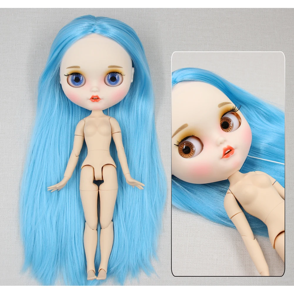 Neo Blythe Boneca com cabelo azul, pele branca, rosto sorridente fosco e Custom Corpo Articulado 1