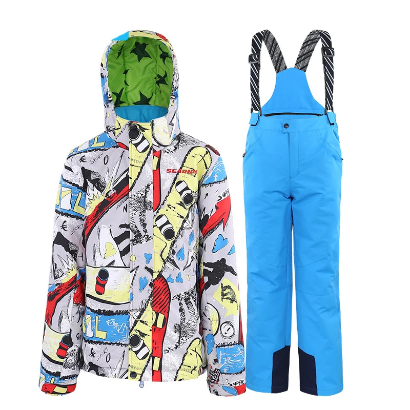 Г. Зимние Детские лыжные костюмы теплый зимний костюм с капюшоном для мальчиков, водонепроницаемая куртка, комбинезоны детские зимние комплекты Спортивная Лыжная одежда - Цвет: Gray-Blue