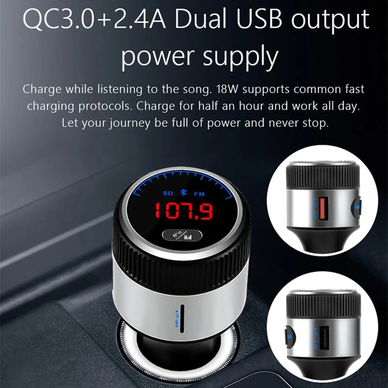 Bluetooth FM Transmitter QC3.0 18W Daul USB Fast Charger Car MP3 Player Car Bluetooth Handsfree Kit Adapter with LED Volume
