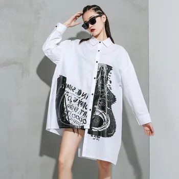

LANMREM can ship 2020 hip hop korean fashion new Printing Long Sleeve Shirt Personality large size Irregular long Shirt YJ093
