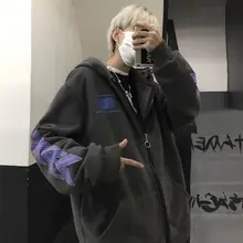 

Letter printed hoodie couple zipper sweatshirt autumn winter Hong Kong Style oversized velvet casual loose hooded sweatshirts