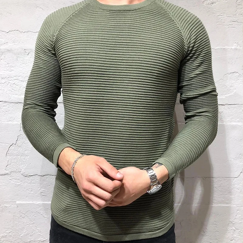 Волнистый свитер Повседневное Slim fit пуловер осень вязаный, с круглым вырезом в полоску, со вставками, на зиму, теплые классический свитер