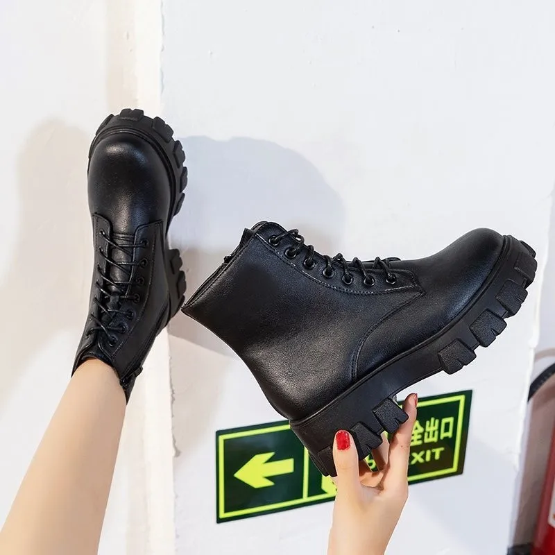 COOTELILI mujeres tobillo Botas de plataforma de punta redonda tacón 5cm encaje cremallera y zapatos de moda para Mujer Botas de Mujer de talla grande 41 42 43