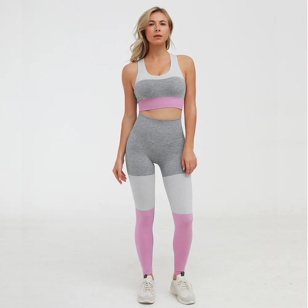 Комплекты штанов для йоги, одежда для фитнеса, спортивная одежда, леггинсы, бесшовный спортивный бюстгальтер, Женский комплект из 2 предметов, спортивные костюмы - Цвет: Pink
