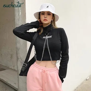 

SUCHCUTE solid female T-shirts knitting tops high neck spring 2020 metal chain shirts streetwear gothic women tee party outfits