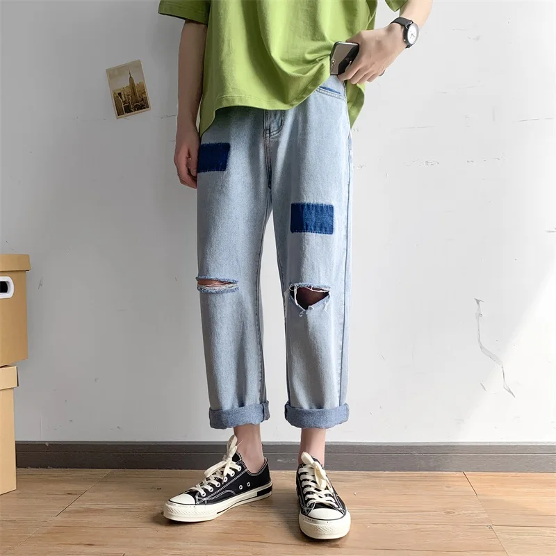 

Summer Ripped Patch Jeans Men's Fashion Washed Retro Casual Straight Jeans Pants Men Streetwear Wild Hip Hop Denim Trousers Mens