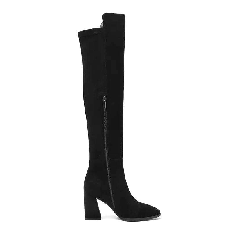 ANNYMOLI Autumn Thigh High Boots Women Cow Suede Square Heel Over The Knee Boots Zip Extreme High Heel Shoes Lady Winter Size 39