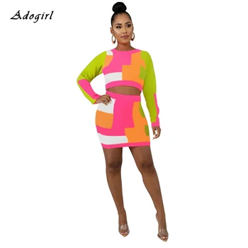 

Fashion Color Block Women Sets Elegant Patchwork Crop Top With Mini Skirts 2 Piece Set Sexy Slim Evening Club Party Women Outfit