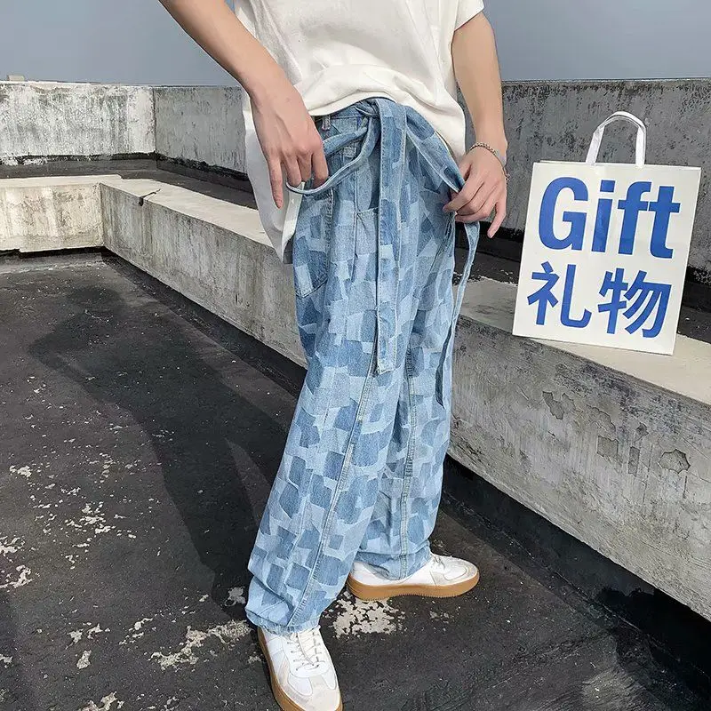 

2020 Spring And Autumn New Youth Popular Men's Color Matching Retro Loose Jeans Fashion Casual Straight Pants Blue M-2XL
