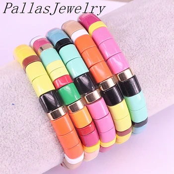 

5Pcs Enamel Stretch Bracelets For Women Fashion Rainbow Tile Bracelet GOLD Beads Bracelet New Gift Jewelry