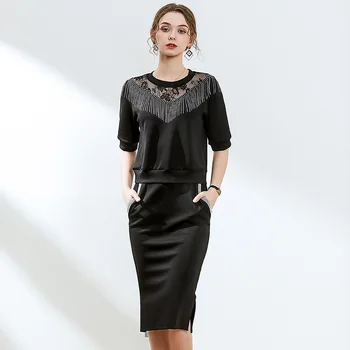 

2 Piece Set Women 2020 Fashion Lace Patchwork Round neck Short Sleeve Top + Elastic Waist Split Skirt Suits Black Pink S-XL