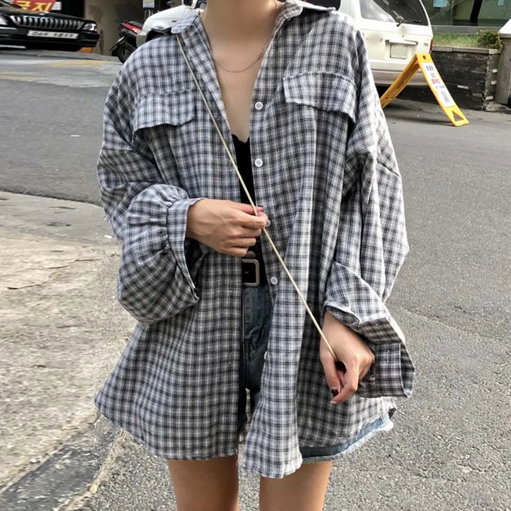 Spring 2020 Female Boyfriend Lapel Plaid Loose Long Sleeve Shirt Women Korean Japanese Oversized Stripes Blouse Casual Top - 4.00059E+12